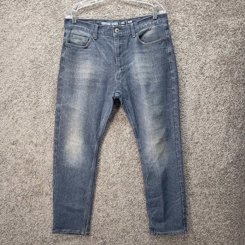 Vintage‎ Genes Mens Slim Fit Stretch Jeans Blue Faded Denim 34x30 1891
